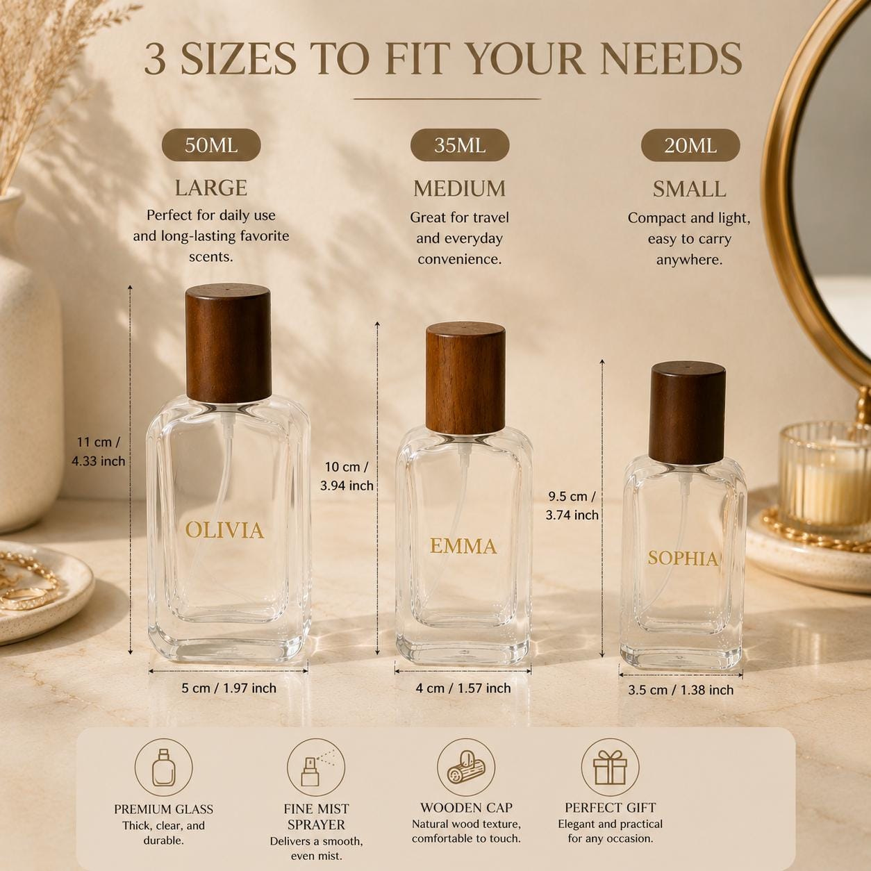Personalized Perfume Bottle, Refillable Travel Perfume Atomizer, Custom Engraved Glass Fragrance Bottle, Wooden Cap Perfume Gift
