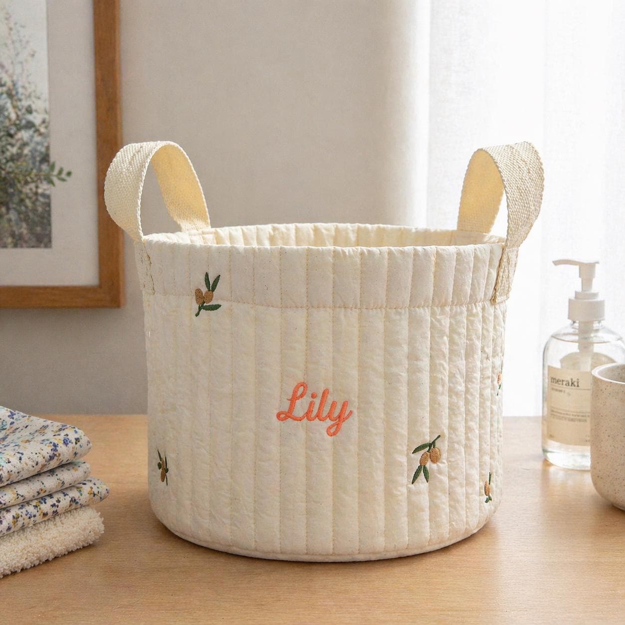 Personalized Quilted Cotton Storage Basket, Custom Name Embroidery Toy Bin, Nursery Decor
