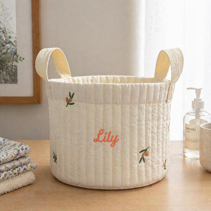 Personalized Quilted Cotton Storage Basket, Custom Name Embroidery Toy Bin, Nursery Decor