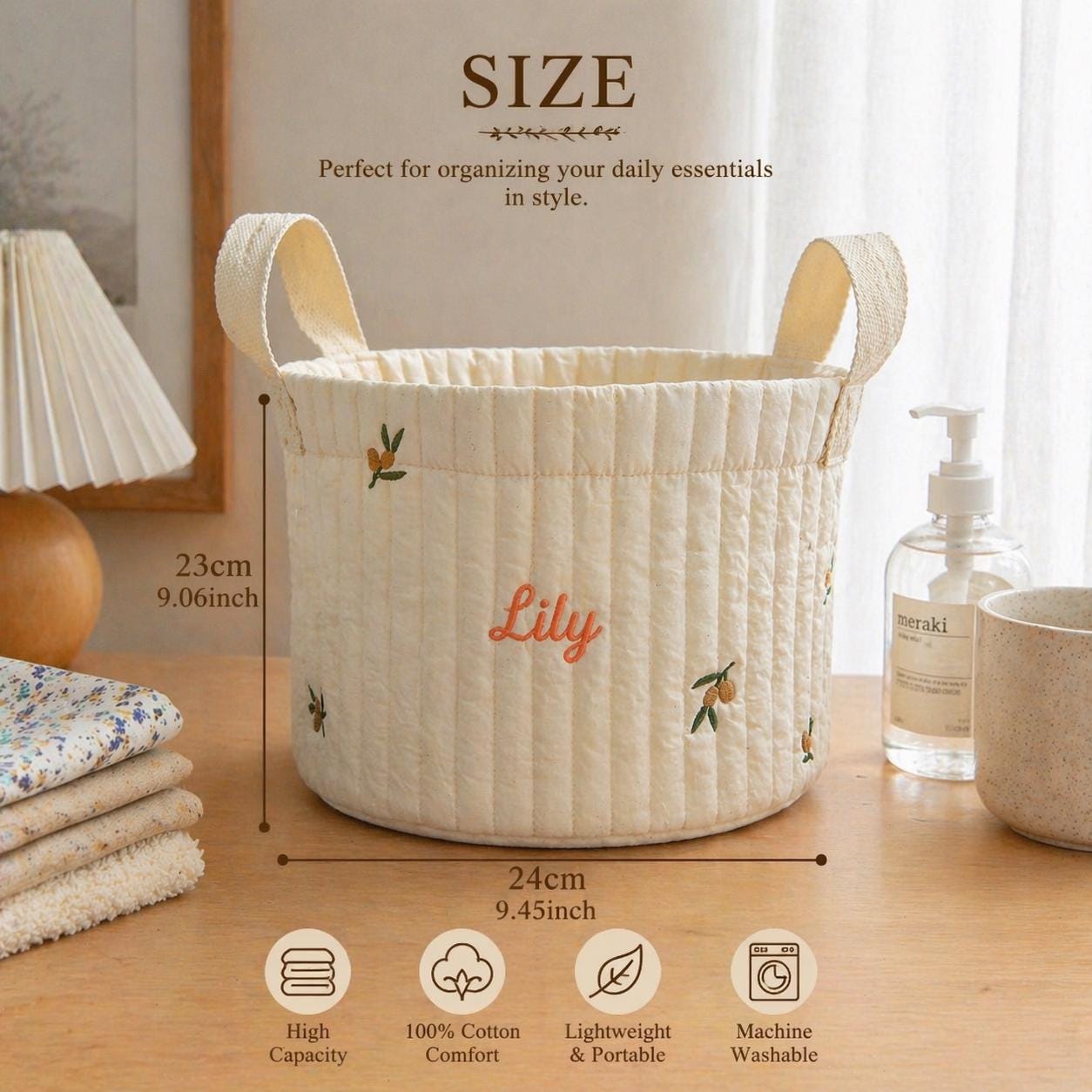 Personalized Quilted Cotton Storage Basket, Custom Name Embroidery Toy Bin, Nursery Decor