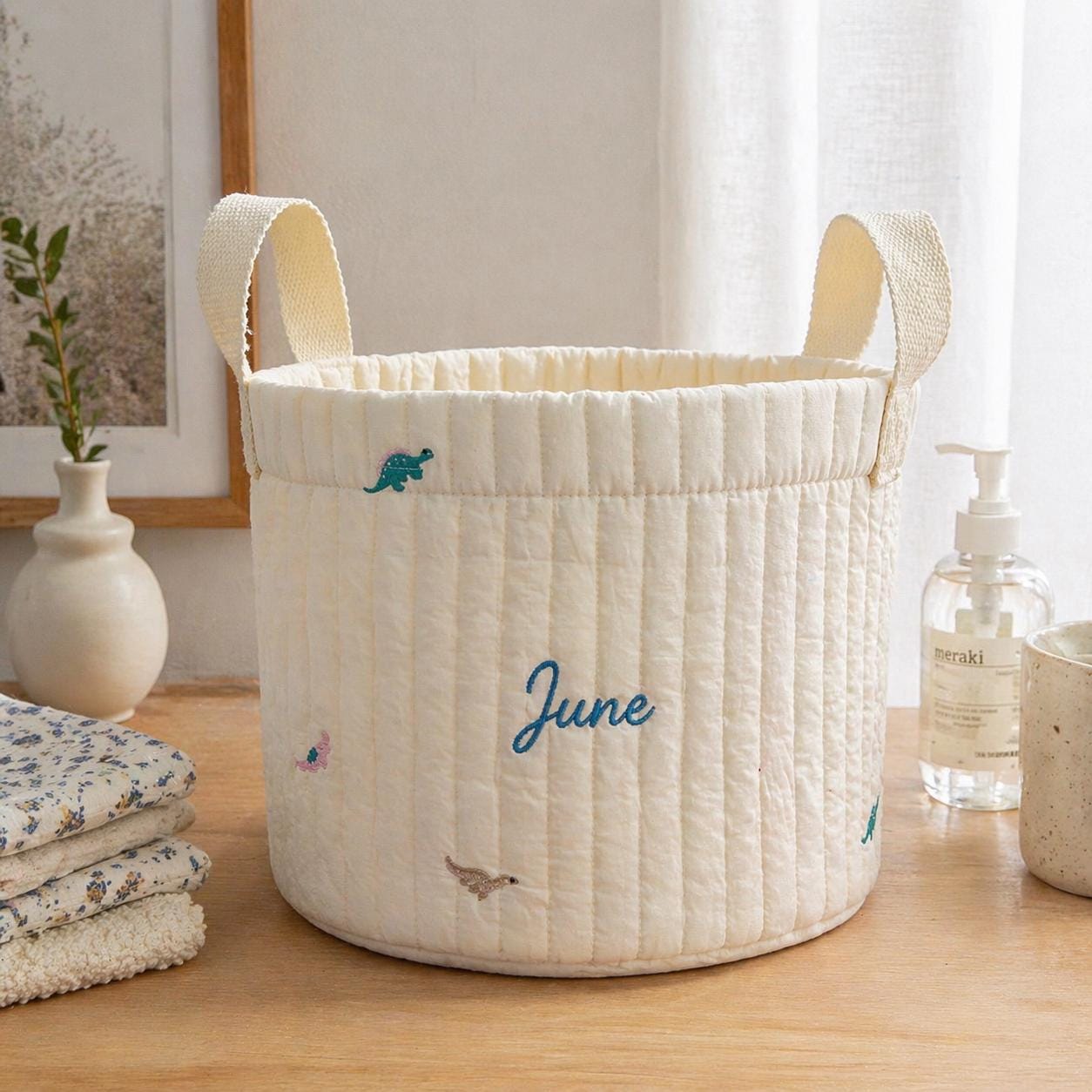 Personalized Quilted Cotton Storage Basket, Custom Name Embroidery Toy Bin, Nursery Decor