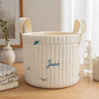 Personalized Quilted Cotton Storage Basket, Custom Name Embroidery Toy Bin, Nursery Decor