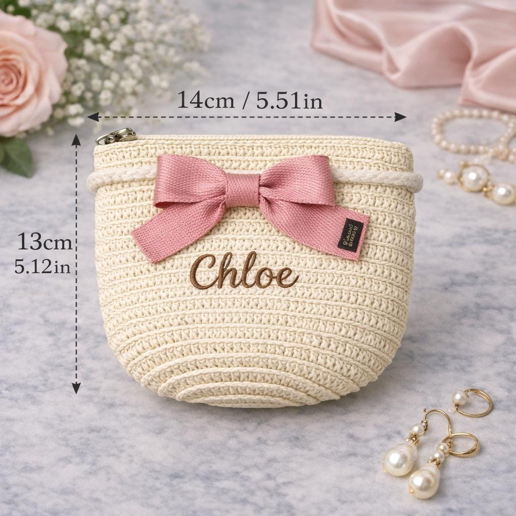 Personalized Straw Makeup Bag, Custom Embroidered Name Cosmetic Pouch, Bridesmaid Gift, Crochet Clutch Purse, Gift for Her