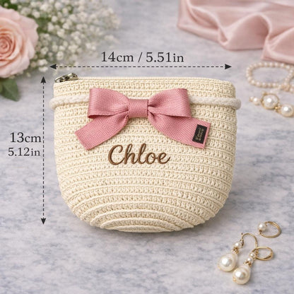 Personalized Straw Makeup Bag, Custom Embroidered Name Cosmetic Pouch, Bridesmaid Gift, Crochet Clutch Purse, Gift for Her