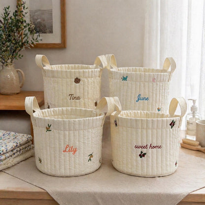 Personalized Quilted Cotton Storage Basket, Custom Name Embroidery Toy Bin, Nursery Decor