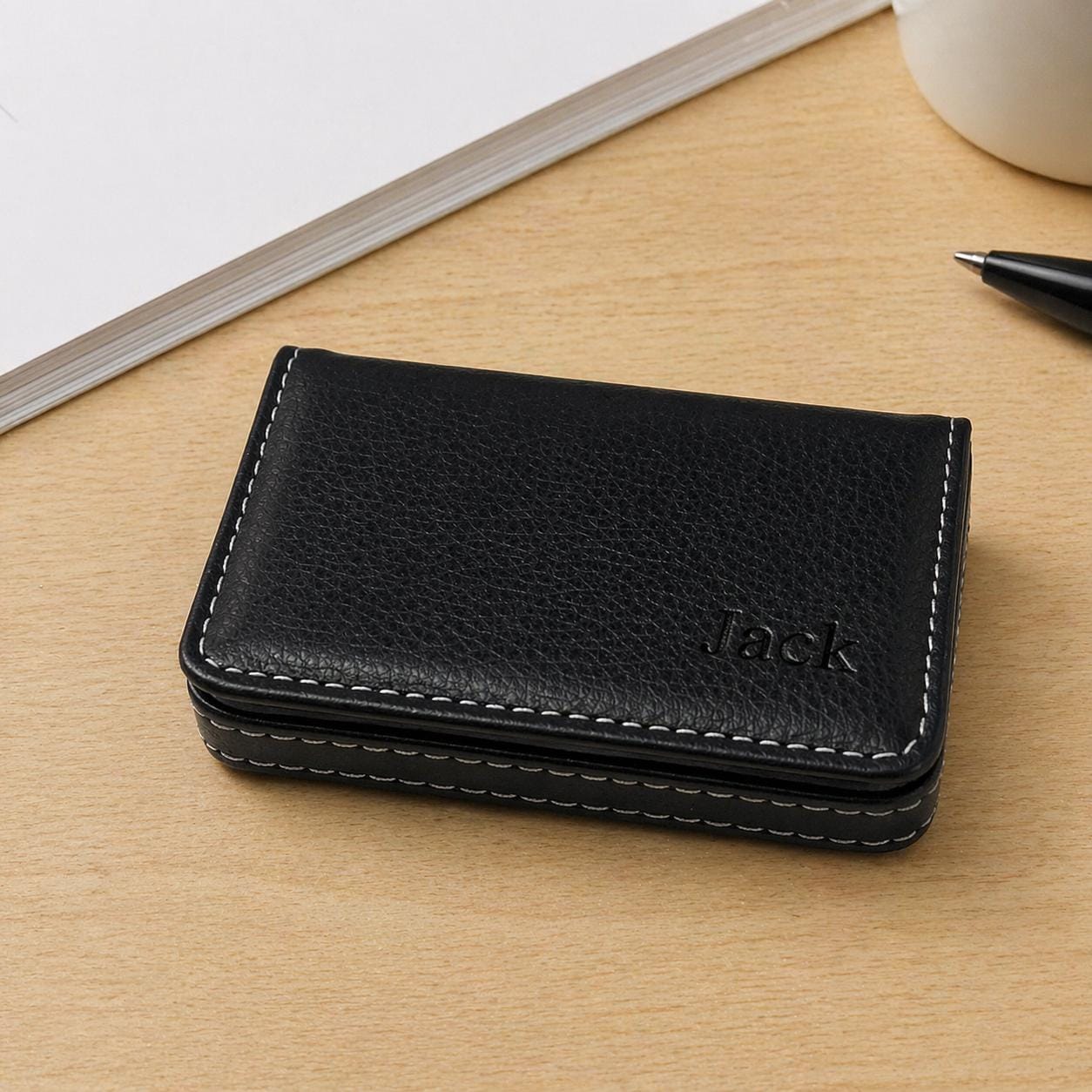 Personalized Leather Business Card Holder, Slim Minimalist Pocket Wallet, Custom Engraved Name Case