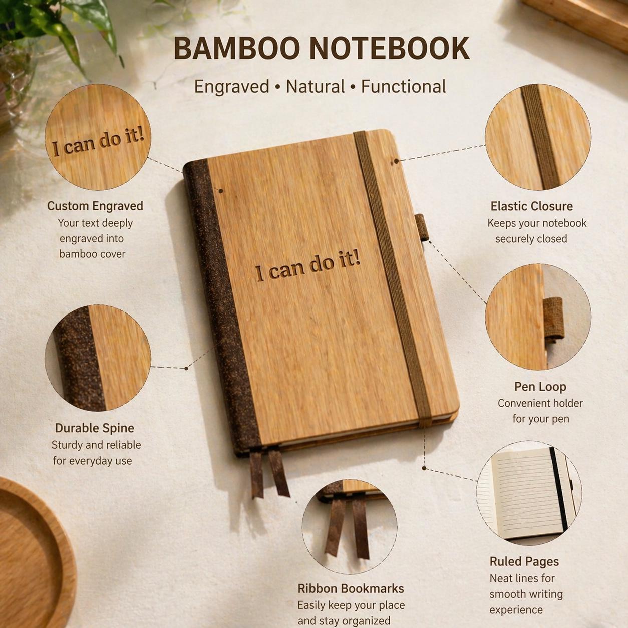 Personalized Bamboo Notebook, Engraved Wooden Journal, Custom Name Diary, A5 Size, Motivational Gift