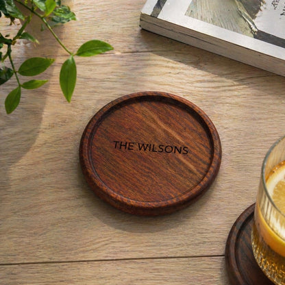Personalized Wooden Coasters, Custom Engraved Name, Minimalist Rustic Home Decor