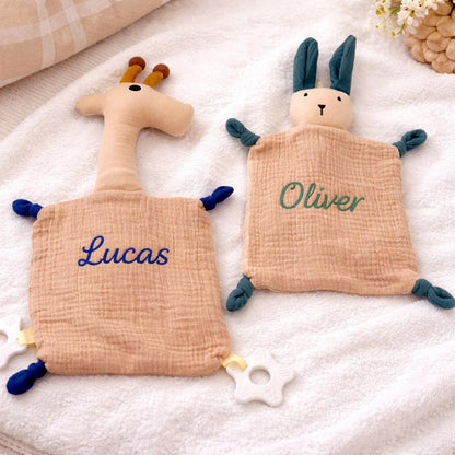Personalized Baby Lovey with Teether, Custom Embroidered Security Blanket, Muslin Comfort Blanket, Newborn Gift, Baby Shower Gift