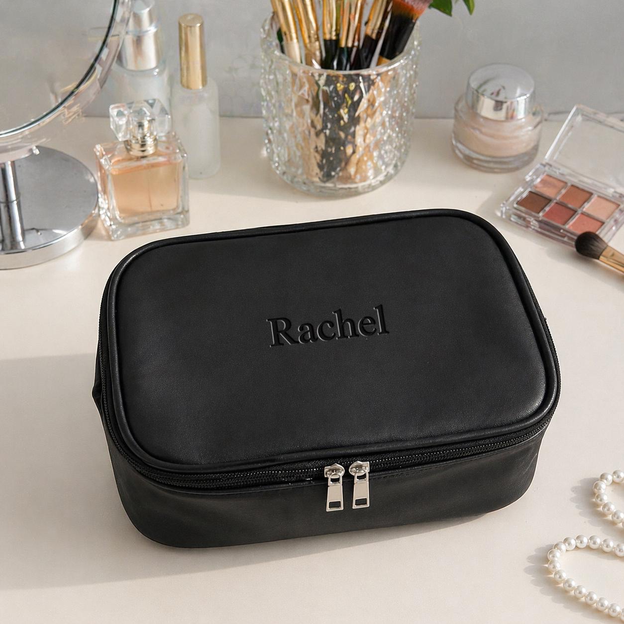 Personalized Leather Makeup Bag, Custom Name Toiletry Organizer, Travel Cosmetic Case