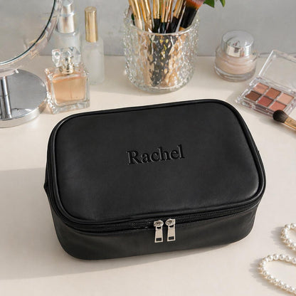 Personalized Leather Makeup Bag, Custom Name Toiletry Organizer, Travel Cosmetic Case