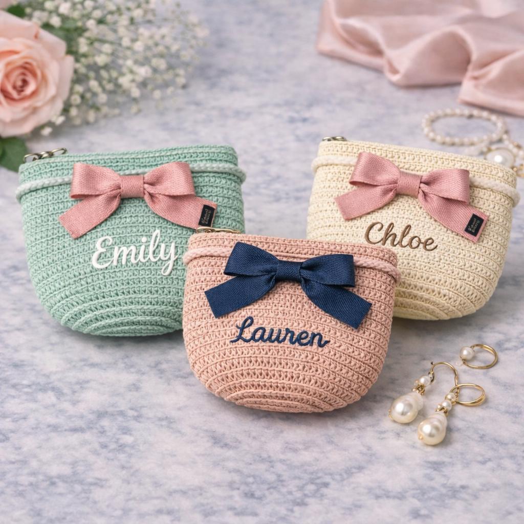 Personalized Straw Makeup Bag, Custom Embroidered Name Cosmetic Pouch, Bridesmaid Gift, Crochet Clutch Purse, Gift for Her