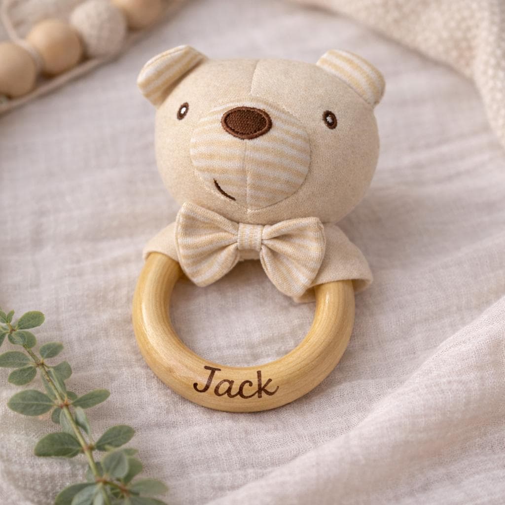 Personalized Baby Teether Toy, Wooden Baby Rattle, Custom Name Teething Ring, Newborn Gift，Rattle as a gift for a newborn