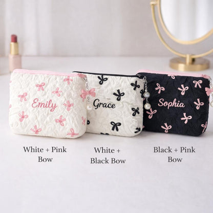 Personalized Embroidered Coin Purse: Quilted Bow Design, Custom Name