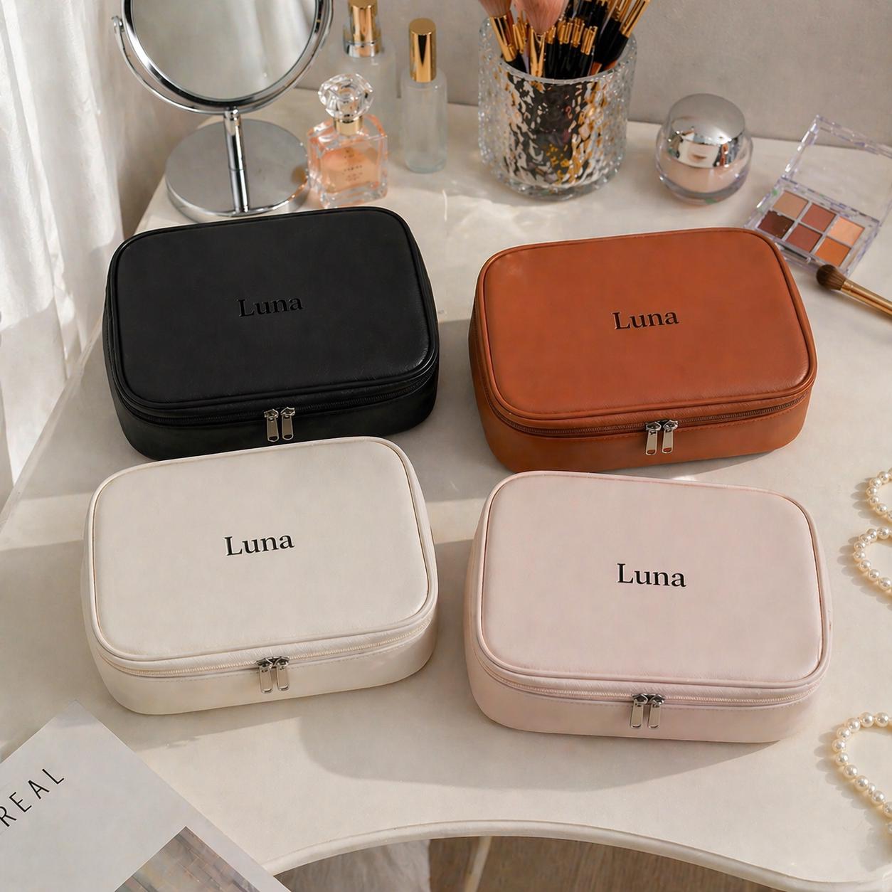 Personalized Leather Makeup Bag, Custom Name Toiletry Organizer, Travel Cosmetic Case