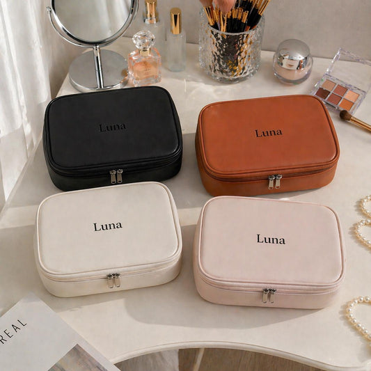 Personalisierte Leder-Schminktasche, Kulturbeutel mit individuellem Namen, Reise-Kosmetikkoffer