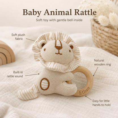 Personalized Baby Animal Rattle, Soft Plush Baby Rattle with Engraved Wooden Ring, Newborn Baby Shower Gift, Neutral Nursery Toy