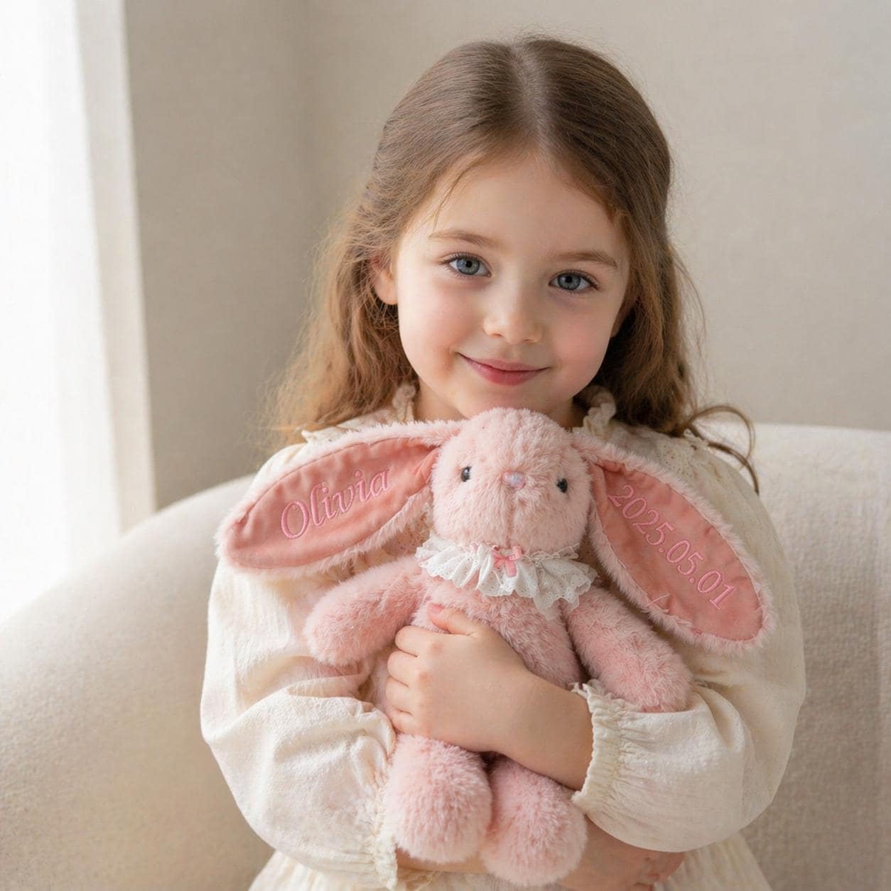 Personalisiertes besticktes Häschen, individuelles Erinnerungsstück mit Namen, Babyparty-Ostergeschenk