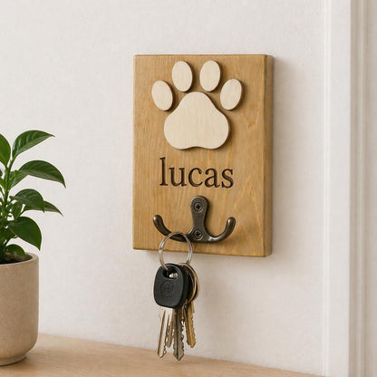 Personalized Paw Print Wooden Wall Hook – Custom Name Key Holder, Rustic Entryway Decor