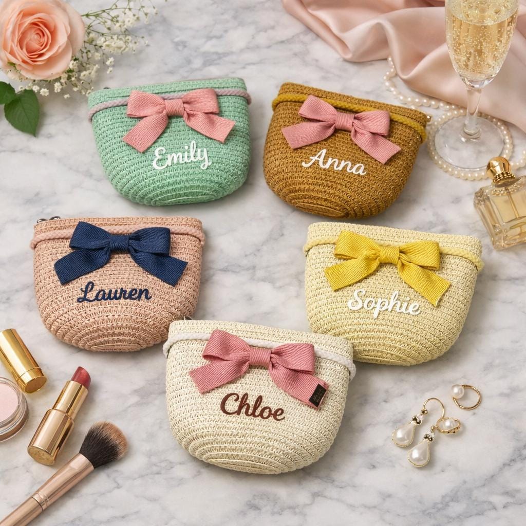 Personalized Straw Makeup Bag, Custom Embroidered Name Cosmetic Pouch, Bridesmaid Gift, Crochet Clutch Purse, Gift for Her