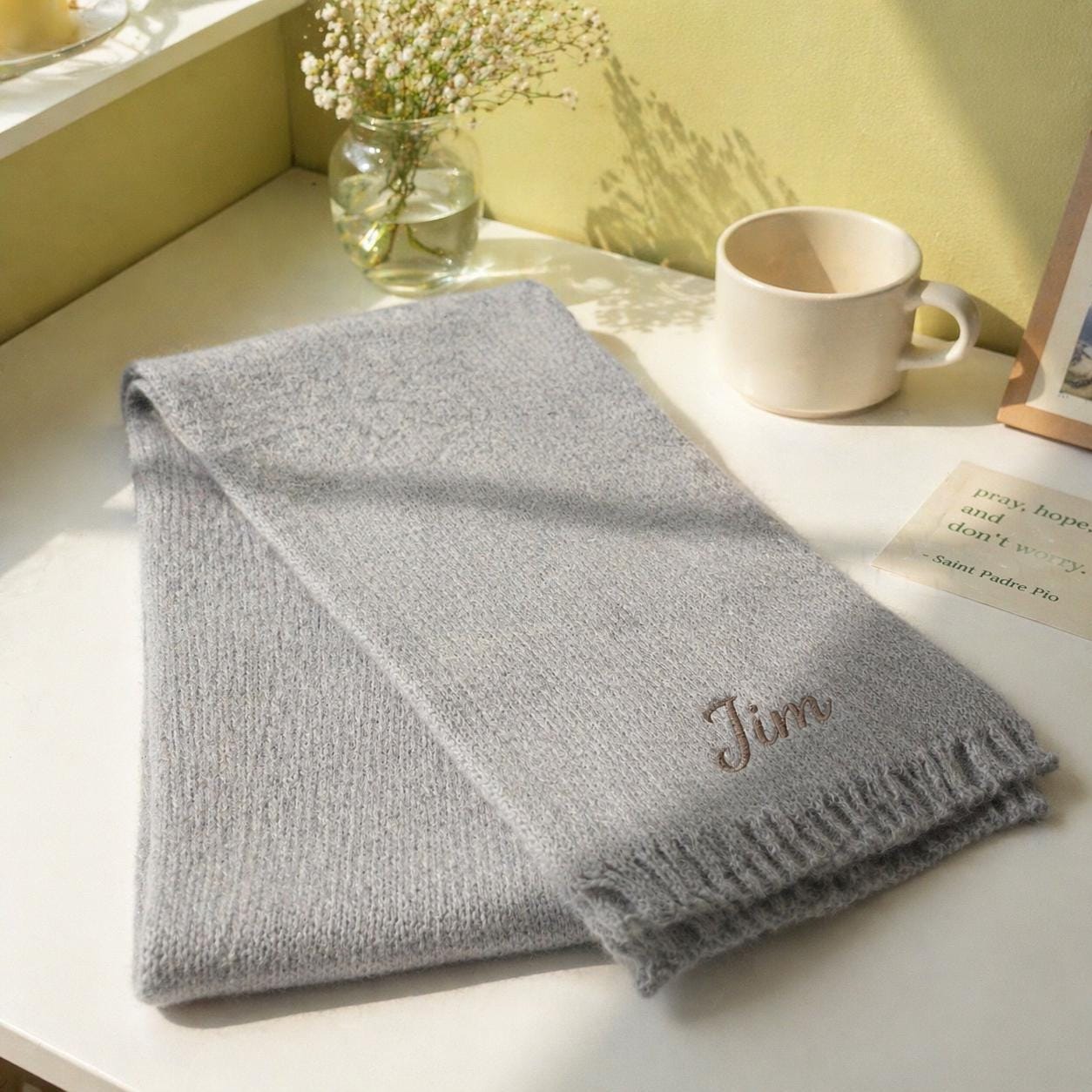 Personalized Embroidered Knit Scarf, Custom Name Monogram, Cozy Winter Gift