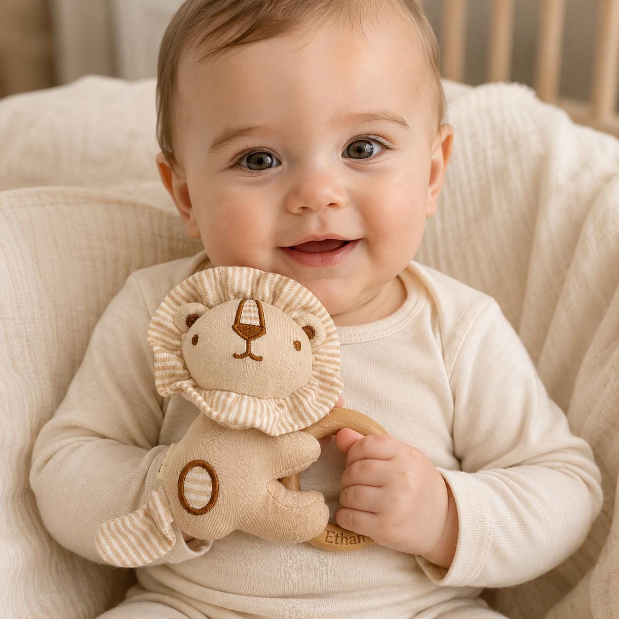 Personalized Baby Animal Rattle, Soft Plush Baby Rattle with Engraved Wooden Ring, Newborn Baby Shower Gift, Neutral Nursery Toy
