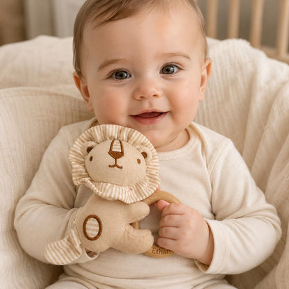Personalized Baby Animal Rattle, Soft Plush Baby Rattle with Engraved Wooden Ring, Newborn Baby Shower Gift, Neutral Nursery Toy