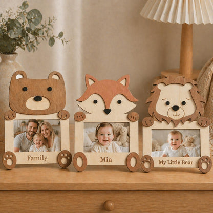 Personalized Wooden Animal Photo Frame, Nursery Decor, Custom Engraved Name Keepsake