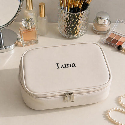Personalized Leather Makeup Bag, Custom Name Toiletry Organizer, Travel Cosmetic Case