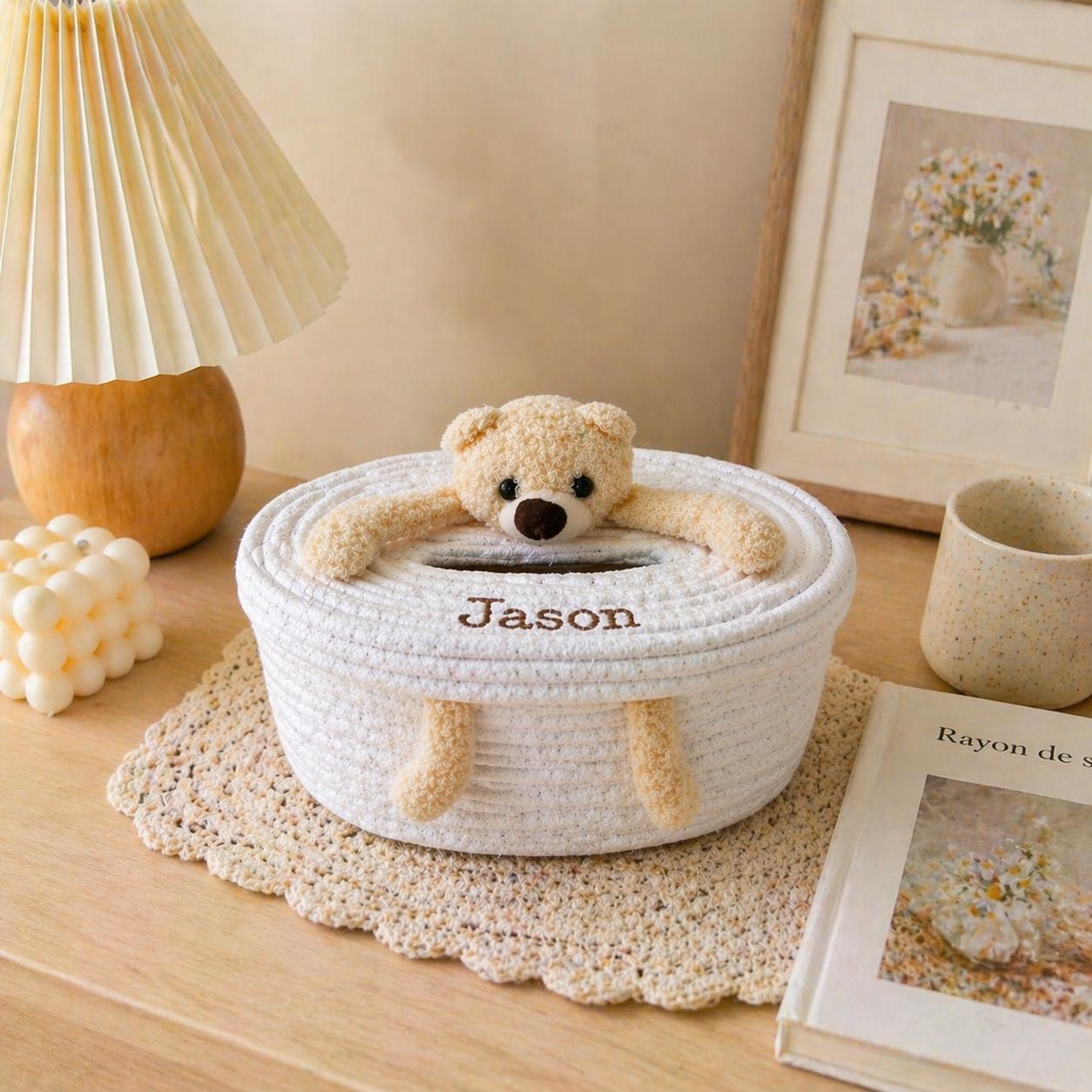 Personalized Plush Bear Bunny Tissue Box Cover, Embroidered Name Basket, Nursery Decor