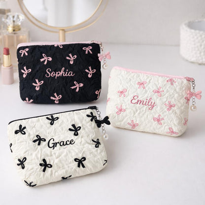 Personalized Embroidered Coin Purse: Quilted Bow Design, Custom Name