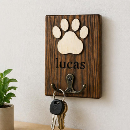 Personalized Paw Print Wooden Wall Hook – Custom Name Key Holder, Rustic Entryway Decor