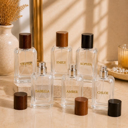Personalisierter Parfümflakon, nachfüllbarer Reise-Parfümzerstäuber, individuell gravierter Glas-Parfümflakon, Parfümgeschenk mit Holzkappe